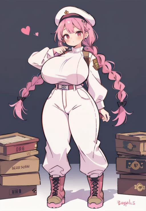 1girl, pink hair, red eyes, braid, (huge breasts), thick thighs, wide hips, (thick), heart motif,
white military uniform, (baggy pants, combat boots), (camoflauge), (full body),
 <lora:opll-f:0.2> opll <lora:nagachichiD:0.4> hanging breasts, <lora:tighttops3:0.2> tighttops <lora:Nijicute_20230623024115:0.3>