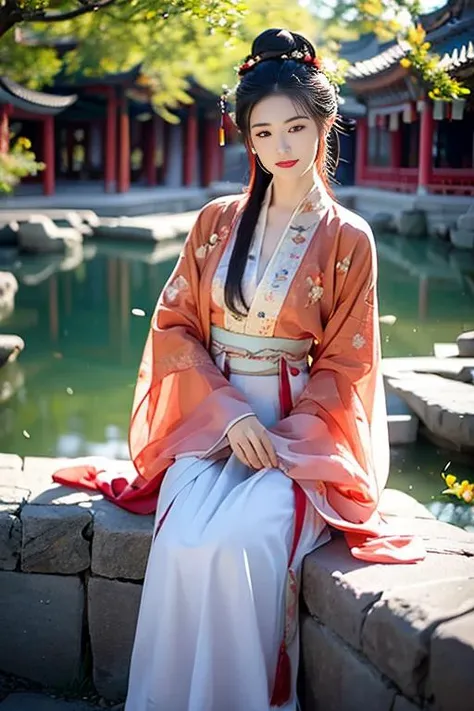 ltra-detailed,highly detailed,best quality,masterpiece,illustration,realistic,photorealistic,
1girl, solo, 24yo chinese female,
hanfu-song, hanfu, song theme, chinese clothes, multicolored dress, 
jewelry, flower earrings, hair ornament, necklace, hair flower, 
long hair, single hair bun, updo, hair up, 
looking at viewer, light smile, cowboy shot, sitting on rock, 
flower, photo background, outdoors, butterfly, tree, peach blossom, wind, falling petals, east asian architecture, courtyard, 
 <lora:hanfu song_v1_03:0.8>