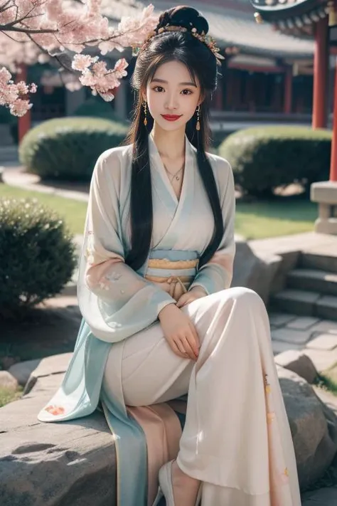 ltra-detailed,highly detailed,best quality,masterpiece,illustration,realistic,photorealistic,
1girl, solo, 24yo chinese female,
hanfu-song, hanfu, song theme, chinese clothes, multicolored dress,
jewelry, flower earrings, hair ornament, necklace, hair flower,
long hair, single hair bun, updo, hair up,
looking at viewer, light smile, full body, sitting on rock, hands on thighs,
flower, photo background, outdoors, butterfly, tree, peach blossom, wind, falling petals, east asian architecture, courtyard,
<lora:hanfu song_v1_03:0.7>