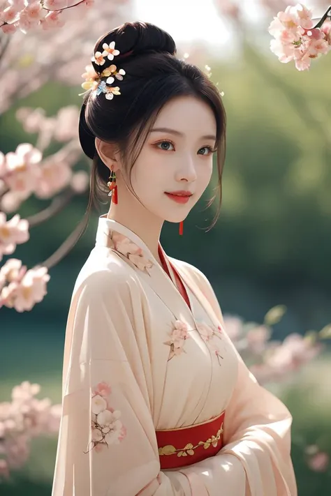 ltra-detailed,highly detailed,best quality,masterpiece,illustration,realistic,photorealistic,1girl,solo,24yo chinese female,hanfu-song,hanfu ,<lora:hanfu song_v1_03:0.7>,song theme,chinese clothes,yellow dress,floral print,jewelry,flower earrings,hair ornament,necklace,hair flower,black hair,single hair bun,updo,hair up,looking at viewer,upper body,light smile,flower,photo background,outdoors,butterfly,tree,peach blossom,wind,falling petals,