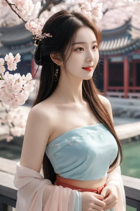 <lora:hanfu song_v1_03:0.7>, hanfu-song, hanfu, song theme, bandeau, tube top, best quality, masterpiece, illustration, realistic, photo-realistic, amazing, finely detail, incredibly absurdres, huge filesize, ultra-detailed, highres, extremely detailed CG unity 8k wallpaper, nsfw, nude, cherry blossoms, east asian architecture, seductive smile, sexually suggestive, portrait, close-up, light blush, eyeshadow, A beautiful young woman with Korean-style facial features resembling a popular actress.