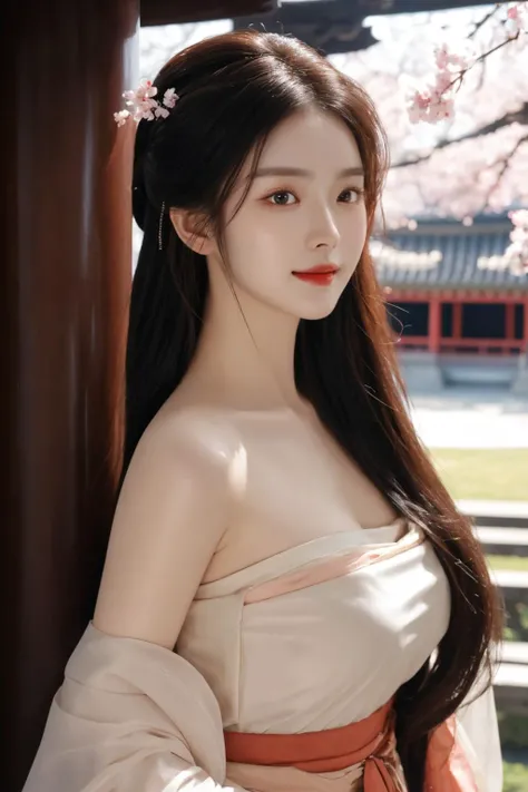 <lora:hanfu song_v1_03:0.7>, hanfu-song, hanfu, song theme, bandeau, tube top, best quality, masterpiece, illustration, realistic, photo-realistic, amazing, finely detail, incredibly absurdres, huge filesize, ultra-detailed, highres, extremely detailed CG unity 8k wallpaper, nsfw, nude, cherry blossoms, east asian architecture, seductive smile, sexually suggestive, portrait, close-up, light blush, eyeshadow, A beautiful young woman with Korean-style facial features resembling a popular actress.