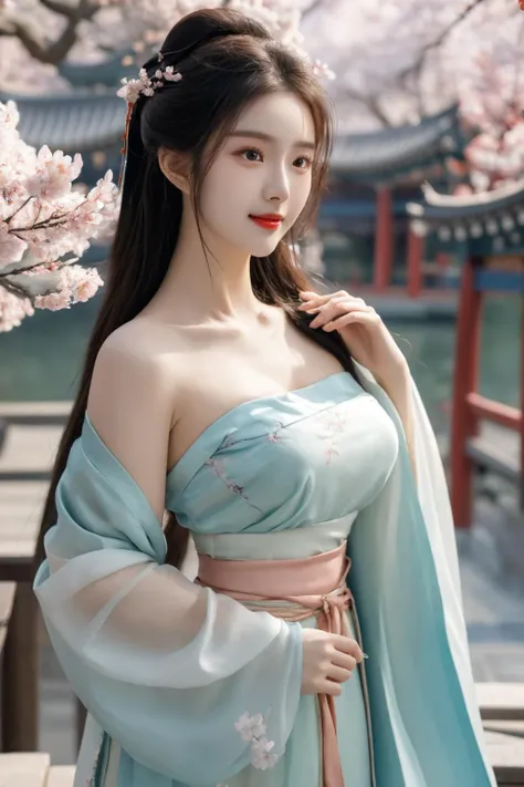 <lora:hanfu song_v1_03:0.7>, hanfu-song, hanfu, song theme, bandeau, tube top, best quality, masterpiece, illustration, realistic, photo-realistic, amazing, finely detail, incredibly absurdres, huge filesize, ultra-detailed, highres, extremely detailed CG unity 8k wallpaper, nsfw, nude, cherry blossoms, east asian architecture, seductive smile, sexually suggestive, portrait, close-up, light blush, eyeshadow, A beautiful young woman with Korean-style facial features resembling a popular actress.