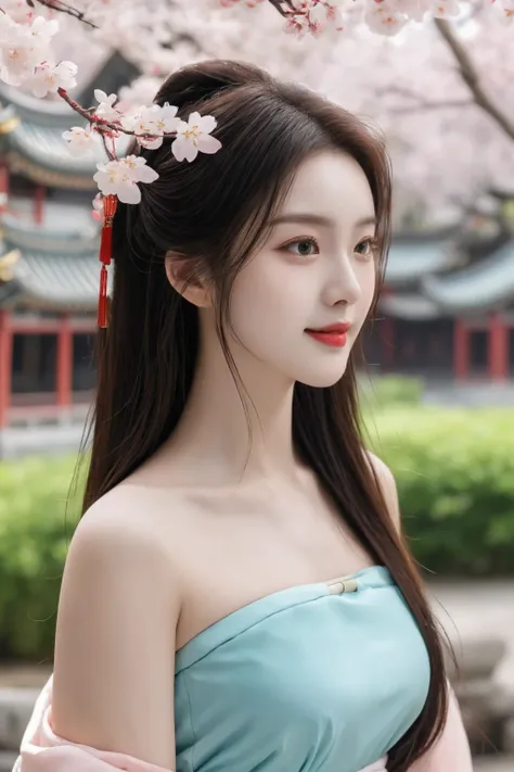 <lora:hanfu song_v1_03:0.7>, hanfu-song, hanfu, song theme, bandeau, tube top, best quality, masterpiece, illustration, realistic, photo-realistic, amazing, finely detail, incredibly absurdres, huge filesize, ultra-detailed, highres, extremely detailed CG unity 8k wallpaper, nsfw, nude, cherry blossoms, east asian architecture, seductive smile, sexually suggestive, portrait, close-up, light blush, eyeshadow, A beautiful young woman with Korean-style facial features resembling a popular actress.