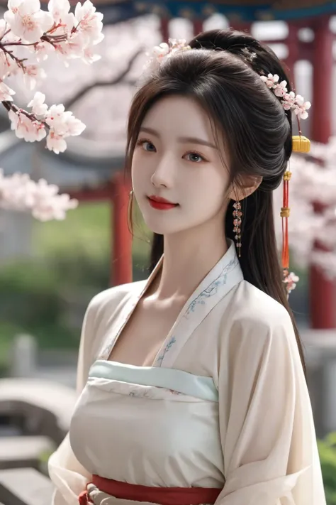 <lora:hanfu song_v1_03:0.7>, hanfu-song, hanfu, song theme, bandeau, tube top, best quality, masterpiece, illustration, realistic, photo-realistic, amazing, finely detail, incredibly absurdres, huge filesize, ultra-detailed, highres, extremely detailed CG unity 8k wallpaper, nsfw, nude, cherry blossoms, east asian architecture, seductive smile, sexually suggestive, portrait, close-up, light blush, eyeshadow, A beautiful young woman with Korean-style facial features resembling a popular actress.