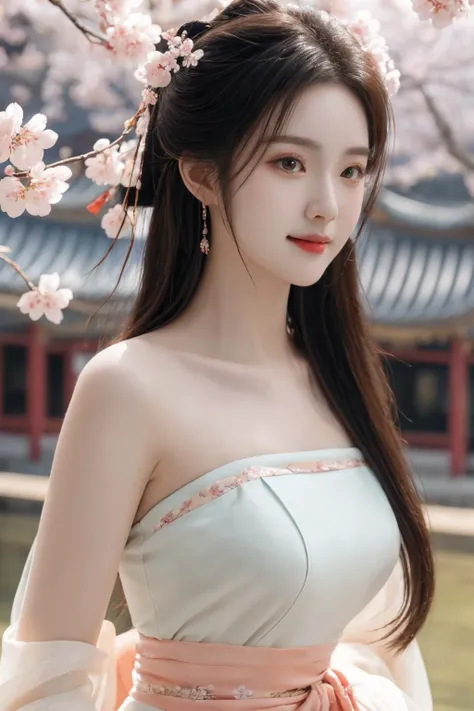 <lora:hanfu song_v1_03:0.7>, hanfu-song, hanfu, song theme, bandeau, tube top, best quality, masterpiece, illustration, realistic, photo-realistic, amazing, finely detail, incredibly absurdres, huge filesize, ultra-detailed, highres, extremely detailed CG unity 8k wallpaper, nsfw, nude, cherry blossoms, east asian architecture, seductive smile, sexually suggestive, portrait, close-up, light blush, eyeshadow, A beautiful young woman with Korean-style facial features resembling a popular actress.