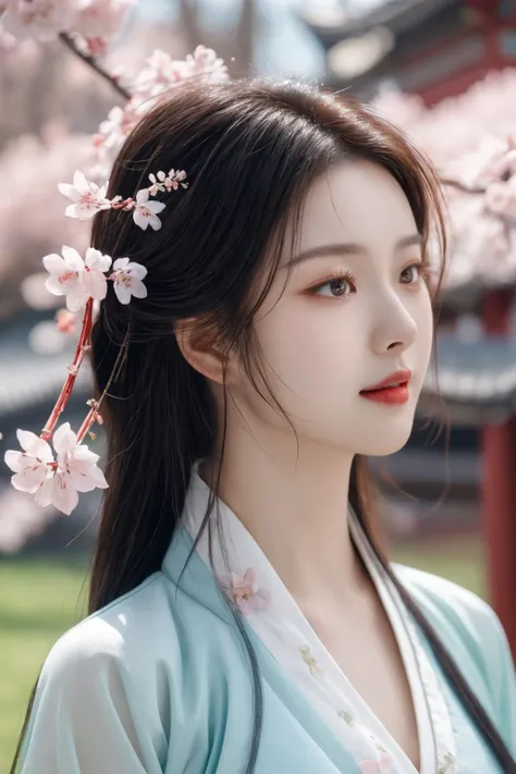 <lora:hanfu song_v1_03:0.7>, hanfu-song, hanfu, song theme, bandeau, tube top, best quality, masterpiece, illustration, realistic, photo-realistic, amazing, finely detail, incredibly absurdres, huge filesize, ultra-detailed, highres, extremely detailed CG unity 8k wallpaper, nsfw, nude, cherry blossoms, east asian architecture, seductive smile, sexually suggestive, portrait, close-up, light blush, eyeshadow, A beautiful young woman with Korean-style facial features resembling a popular actress.