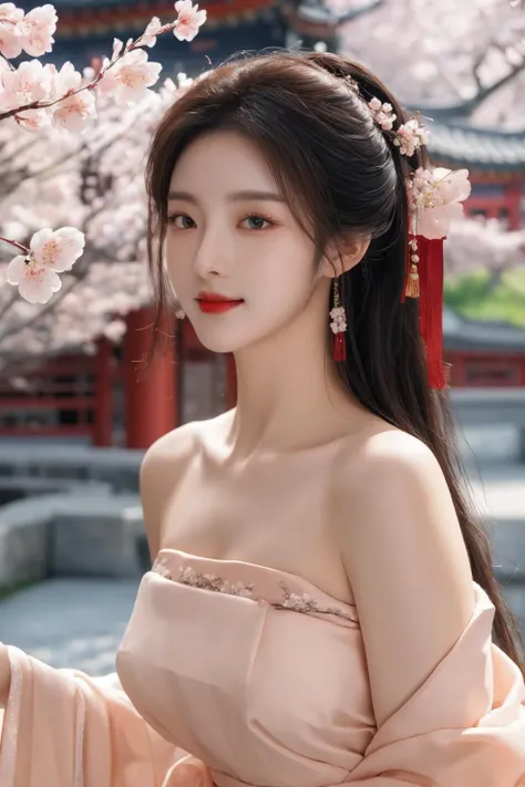 <lora:hanfu song_v1_03:0.7>, hanfu-song, hanfu, song theme, bandeau, tube top, best quality, masterpiece, illustration, realistic, photo-realistic, amazing, finely detail, incredibly absurdres, huge filesize, ultra-detailed, highres, extremely detailed CG unity 8k wallpaper, nsfw, nude, cherry blossoms, east asian architecture, seductive smile, sexually suggestive, portrait, close-up, light blush, eyeshadow, A beautiful young woman with Korean-style facial features resembling a popular actress.