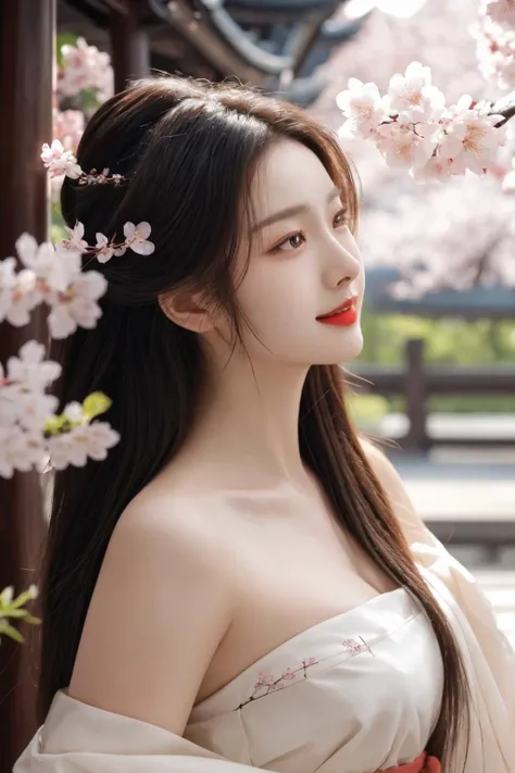 <lora:hanfu song_v1_03:0.7>, hanfu-song, hanfu, song theme, bandeau, tube top, best quality, masterpiece, illustration, realistic, photo-realistic, amazing, finely detail, incredibly absurdres, huge filesize, ultra-detailed, highres, extremely detailed CG unity 8k wallpaper, nsfw, nude, cherry blossoms, east asian architecture, seductive smile, sexually suggestive, portrait, close-up, light blush, eyeshadow, A beautiful young woman with Korean-style facial features resembling a popular actress.