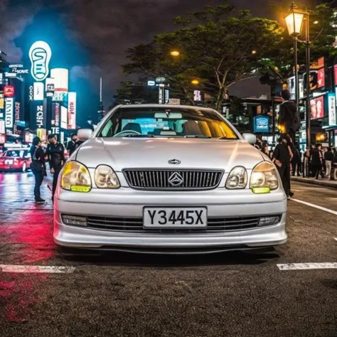 photo, night (Shibuya:0.5) neon underlighting, need for speed, street race (GrandSedan:1.1)