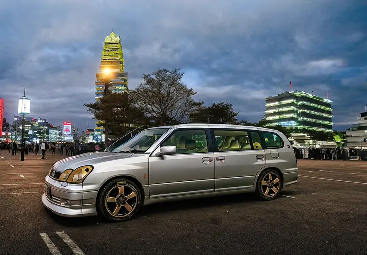 photo, night (Shibuya:0.5) neon underlighting, night,midnight,neon lights,JZS160,((suzuki)),suzuki every,van,minibus,(((every wagon))),kei car,LEXUS,TE37,rays,work wheels,{{{Black painting}}},{{{black car}}},need for speed, street race (GrandSedan:1.1) ,