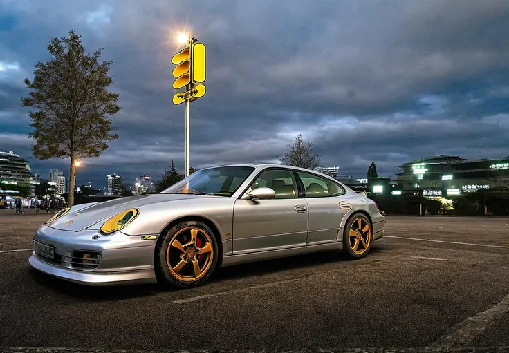 photo, night (Shibuya:0.5) neon underlighting, night,midnight,neon lights,JZS160,((porsche)),porsche 911,(super car),(hyper car),station wagon,LEXUS,TE37,rays,work wheels,{{{Black painting}}},{{{black car}}},need for speed, street race (GrandSedan:1.1) ,