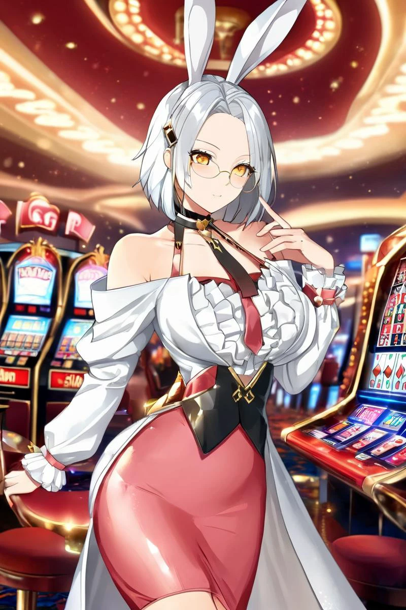 <lora:e7 Sigret XL:0.8> e7 Sigret, wearing a sexy bunny suit, at a casino, high definition photo, ultra detailed skin, ultra detailed face, small skin imperfections