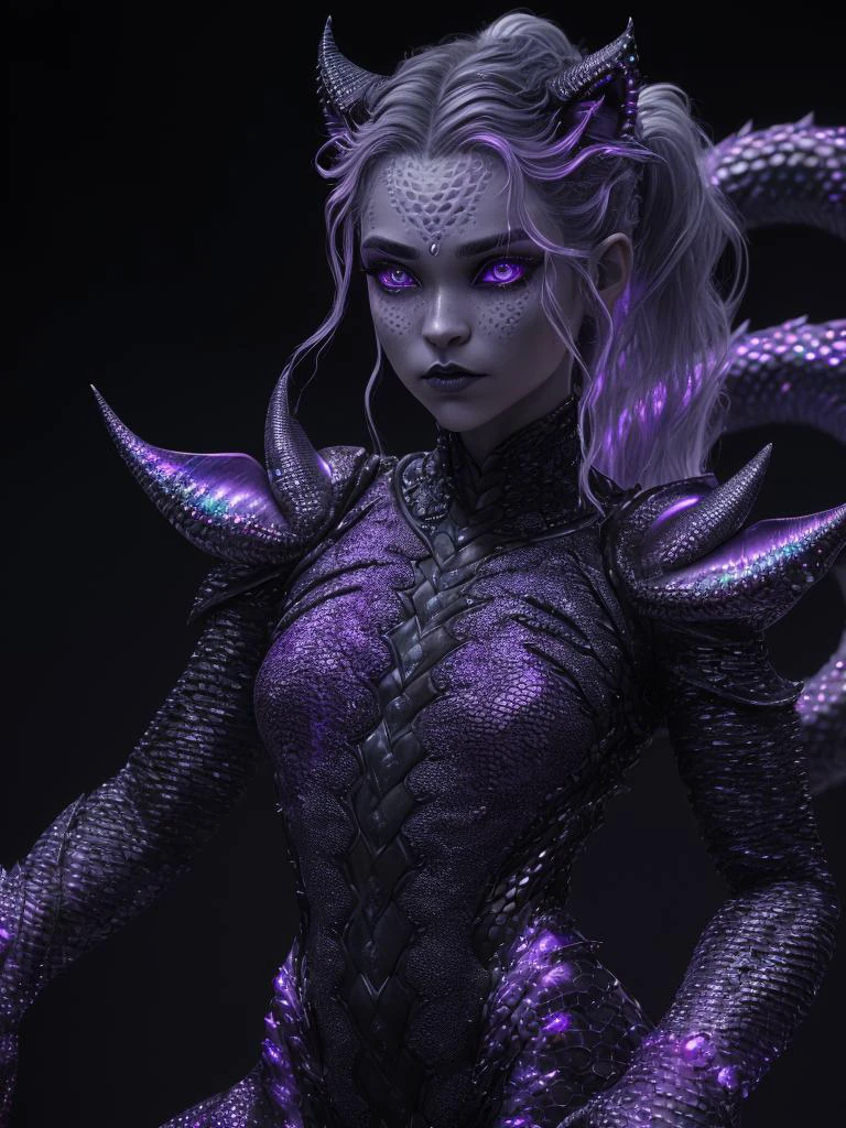 ultra detailed abstract photography of an immature draconian girl in full body pose, mix of dragon and girl, half dragon, silver wavy messy ponytail with strands hair, (masterpiece), realistic, beautiful cute face, cinematic light, (beautiful purple cat eyes:1.3), perfect anatomy,dragon horns,
night sky moonlight, starry background,
pointy ears, cowboy shot, small breasts, (iridescent blackish scaly skin:1.3),black lips,
nice hands, perfect hands,bioluminescence,
hyperdetailed painting, luminism, 4k resolution,
Soft Lighting, Photographic Realism,
3d rendering, octane rendering, <lora:GoodHands-vanilla:1>