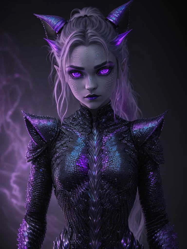 ultra detailed abstract photography of an immature draconian girl in full body pose, mix of dragon and girl, half dragon, silver wavy messy ponytail with strands hair, (masterpiece), realistic, beautiful cute face, cinematic light, (beautiful purple cat eyes:1.3), perfect anatomy,dragon horns,
night sky moonlight, starry background,
pointy ears, cowboy shot, small breasts, (iridescent blackish scaly skin:1.3),black lips,
nice hands, perfect hands,bioluminescence,
hyperdetailed painting, luminism, 4k resolution,
Soft Lighting, Photographic Realism,
3d rendering, octane rendering, <lora:GoodHands-vanilla:1>