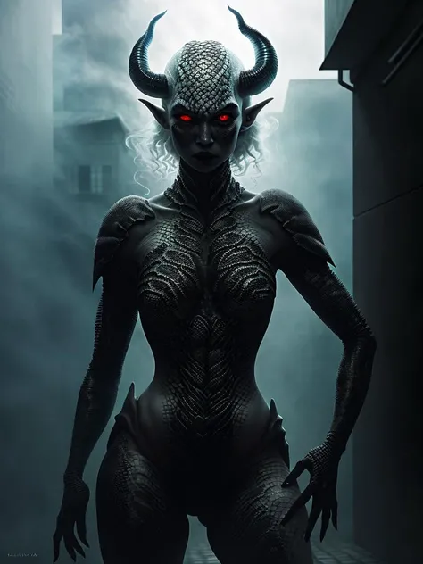 cute pale young draconian (MaiAI:.99), upper body, standing in an alley, closeup, (black scaly skin:1.3), (beautiful eyes), black horns, pointy ears, black lips, black eye shadow, octane rendering,
<hypernet:m1sc4tonic-2250:.7>