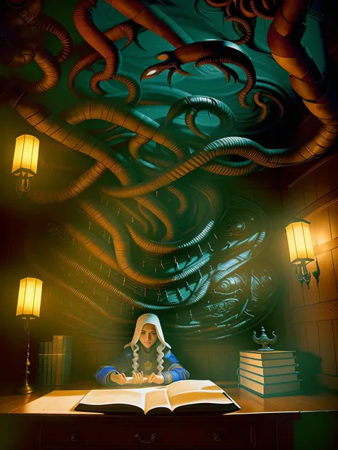 a cute sorceress in her narrow humble study room, m1sc4tonic, Necronomicon books,
(masterpiece), realistic,
Photographic Realism,Intricate High Details,
3d rendering, octane rendering,<hypernet:m1sc4tonic-2250:1>, <lora:Necronomicon:1>