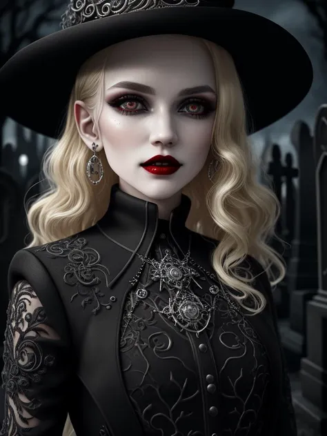 ultra detailed abstract photography of a pale cute vampire girl on a moonlit fine detailed intricate graveyard,
cowboy shot, 
goth clothes,trenchcoat, 
blonde,  jewelry, pointy ears, red lips, dark eye shadow, fien detailed intricate black fedora hat, open mouth showing fangs,night, goth jewelry,natural skin texture,
Soft Lighting, Soft Textures, Photographic Realism, dynamic angle,
Intricate High Details, full body,
hyperdetailed painting,  4k resolution,
3d rendering, octane rendering