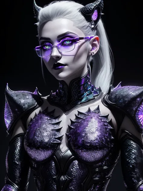 ultra detailed abstract photography of a young slim cute pale draconian girl in full body pose, mix of dragon and girl, half dragon, silver ponytail with strands hair, (masterpiece), realistic, beautiful face, cinematic light, (beautiful purple cat eyes:1.3), perfect anatomy,dragon horns,
night sky moonlight, starry background,
fine detailed silver crescent glasses, pointy ears, cowboy shot, open mouth, medium breasts, (iridescent blackish scaly skin:1.3),black lips, black eye shadow,mole above lip,
nice hands, perfect hands,bioluminescence,
hyperdetailed painting, luminism, 4k resolution,
Soft Lighting, Photographic Realism,
3d rendering, octane rendering, <lora:GoodHands-vanilla:1>