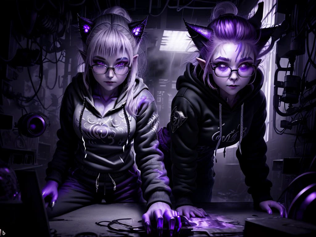<lora:GloomyNightmareAI:1>, ultra detailed abstract photography of a cute pale draconian girl sitting at a desk in a server room doing maintenance, mix of dragon and girl, half dragon, silver ponytail with strands hair, (masterpiece), realistic, beautiful face, cinematic light, (beautiful purple cat eyes:1.3), perfect anatomy,dragon horns,
fine detailed silver crescent glasses, pointy ears, cowboy shot, medium breasts, (hoody and pants:1.3),black lips, black eye shadow,
hyperdetailed painting, luminism, 4k resolution,
Soft Lighting, Photographic Realism,
3d rendering, octane rendering,