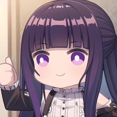 <lora:è²ä¼¦1Ve:0.8>è²ä¼¦,1girl,solo,purple hair,long hair,purple eyes,blunt bangs,sidelocks,half updo,bright pupils,
hair ornament,frilled collar,black robe,white dress,center frills,buttons,wide sleeves,long sleeves,curvy,cowboy shot,,
Exquisite visuals, high-definition,masterpiece,best quality,,
Beautiful Finger,Beautiful long legs,Beautiful body,Beautiful Nose,Beautiful character design, perfect eyes, perfect face,expressive eyes,
official art,extremely detailed CG unity 8k wallpaper, perfect lighting,Colorful, Bright_Front_face_Lighting,shiny skin,
(masterpiece:1.0),(best_quality:1.0), ultra high res,4K,ultra-detailed,
photography, 8K, HDR, highres, absurdres:1.2, Kodak portra 400, film grain, clear background, bokeh:1.2, lens flare, (vibrant_color:1.2), (beautiful_face:1.5),(narrow_waist), ,
<lora:aprob:1> aprob, (smile, chibi, upper body, closed mouth, thumbs up, looking at viewer, ),