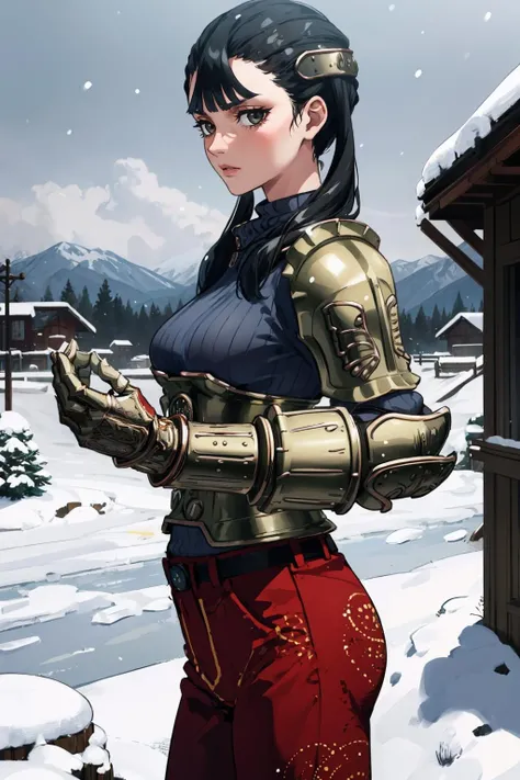masterpiece, best quality, <lora:ashei-nvwls-v1-000009:0.9> ashei, armor, blue sweater, gauntlets, red pants, cowboy shot, looking at viewer, serious, winter, village, snow, from side, grey sky