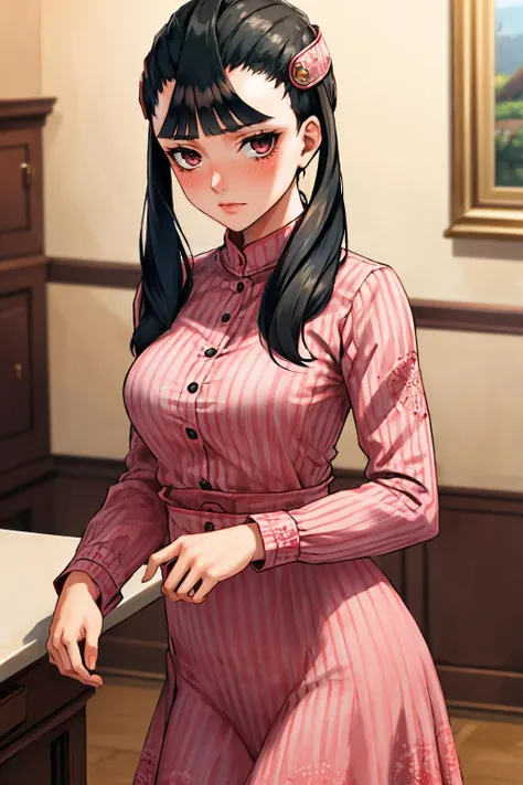 masterpiece, best quality, <lora:ashei-nvwls-v1-000009:0.9> ashei, hair ornament, pink dress, standing, cowboy shot, looking at viewer, blushing, furrowed brow, indoors