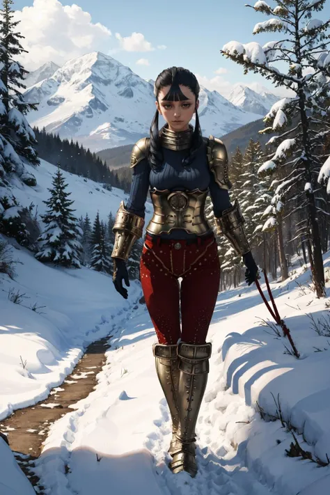 masterpiece, best quality,  <lora:ashei-nvwls-v1-000009:0.9> ashei, armor, blue sweater, gauntlets, red pants, boots, walking, alpine forest, snow