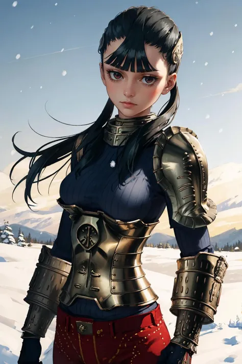 masterpiece, best quality, <lora:ashei-nvwls-v1-000009:0.9> ashei, armor, blue sweater, gauntlets, red pants, upper body, looking at viewer, serious, sky, winter, snow