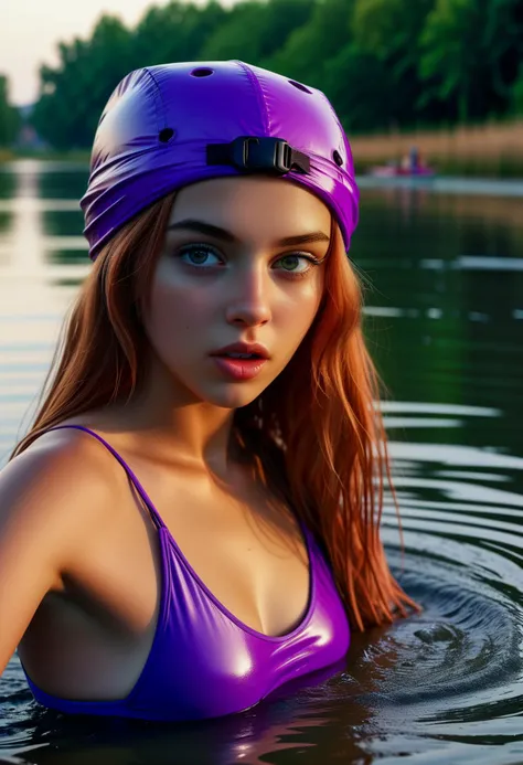 (medium full shot) of (toned swimmer) young woman, russian, tan skin, hazel eyes, lithe build, long red retro hair,  wearing a purple one-piece swimsuit, water shoes, swim cap, set in  wide river with clear water, people floating on inner tubes, a paddleboat drifting by, fishermen casting their lines from the bank, at night, woman surprised, open mouth, pointing her finger at the viewer,  ,Masterpiece,best quality, photo, realistic, very aesthetic, detailed face,