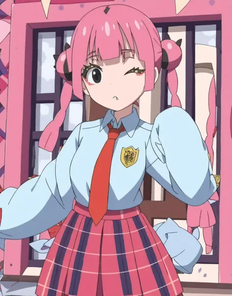 score 9, score 8 up, score 7 up, rating questionable,
detailed background,
<lora:sango.pony:1>,
sandwich,
medium breasts,
one eye closed,
collared shirt, long sleeves, necktie, plaid, plaid skirt, pleated skirt, red necktie, red skirt, school uniform, shirt, sleeves past wrists,