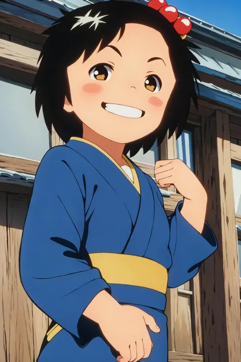 masterpiece, best quality, solo, 1girl, brown eyes, blue kimono, outdoor, chie, smile, smug, blush, osaka village background, (upper body focus:1.2), <lora:chieV1:0.75>