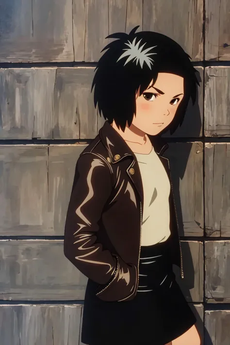 masterpiece, best quality, solo, 1girl, brown eyes, leather jacket, skirt, outdoor, chie, punk, smug, hands in pockets, against wall, (upper body focus:1.2), <lora:chieV1:0.75>, masterpiece, highest quality, photoreal, realistic, photograph
