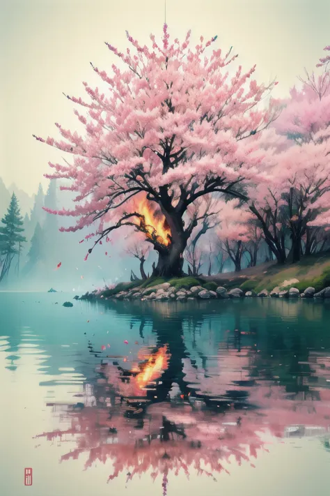 <lora:isekbd:1>,isekbd,burning tree,fire,sakura tree,reclective water,