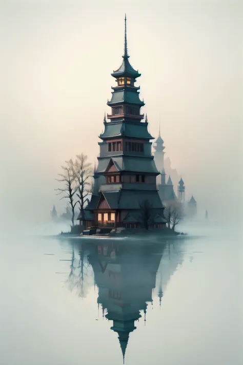 <lora:isekbd:1>,isekbd, outdoors, sky, cloud, water, lantern, bare tree, tower, fog