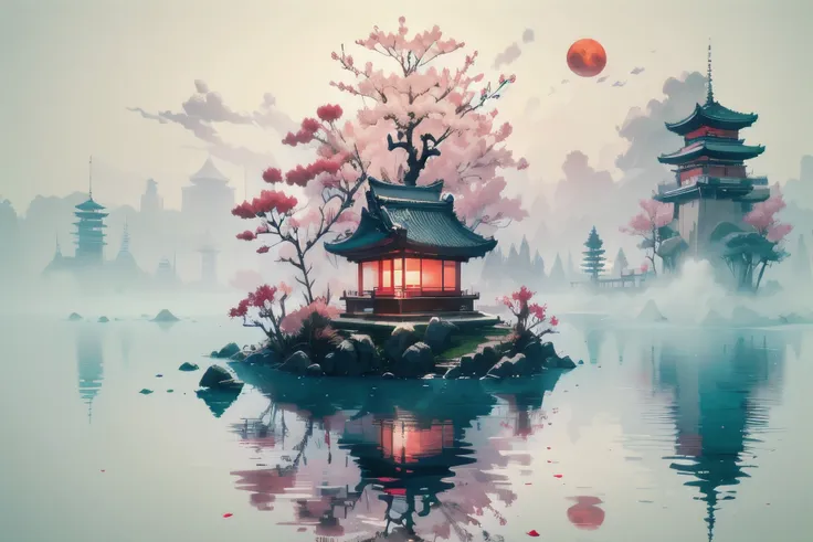 <lora:isekbd:1>,isekbd, outdoors, sky, cloud, water, lantern, bare tree, tower, red fog,reclective water,red sakura tree,red moon,