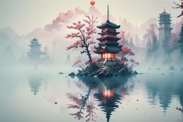 <lora:isekbd:1>,isekbd, outdoors, sky, cloud, water, lantern, bare tree, tower, red fog,reclective water,red sakura tree,red moon,