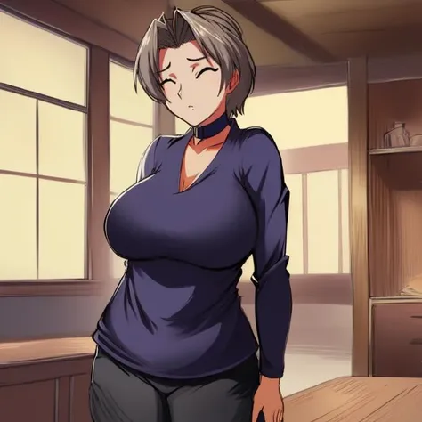 cowboy shot, <lora:konnoMitsuneStr08:0.8> mitsune konn0, short hair, closed eyes, shirt, large breasts, bison hair color, purple shirt, choker, long sleeves, indoors, highres, Digital art, trending on artstation, best quality, insanely detailed, masterpiece, stunning environment, wide-angle,