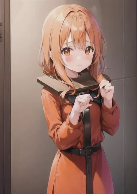 1girl, masterpiece, high quality, indoors, young girl, pillory, flail, tears, prison, prison_clothes, prison, orange_prison_uniform,, indoors,restrained <lora:pillory:0.9>
