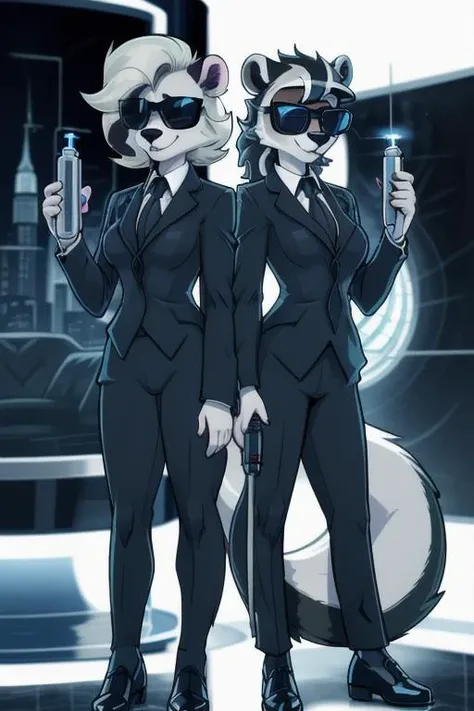 2girls, skunk_girls,
<lora:MIB Suit and Neuralyzer V4:0.8> mib suit, necktie, sunglasses, neuralyzer