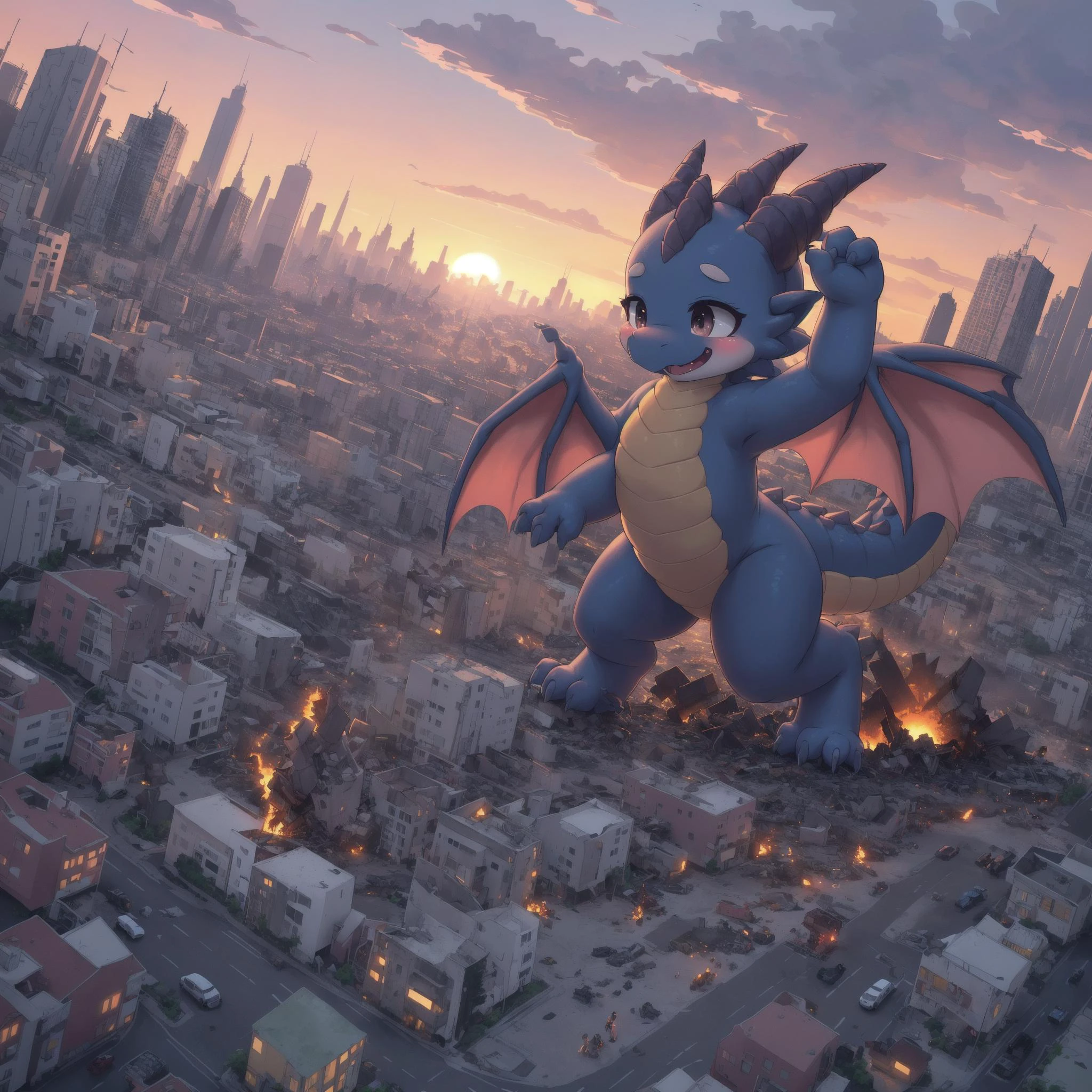 8k, ultra_realistic, [ultra_detailed::1], (enormous|macro) unbelievably_(cute:1.5|adorable:1.5)_happy_dragon (attacking|destroying) a major city, sunset, rubble, (aerial_photography), [tail::2]