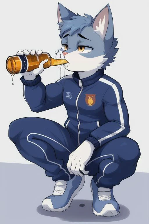 1boy, cute_tiny_Russian_Blue_Cat_boy, drinking booze from a gigantic bottle,
drunk, tipsy, bleary_eyes, track_suit, squatting,
"Ð¤ÑÐµÐ´ÐµÑÐ¸Ðº has gotten into Vodka again, boy is drunk."