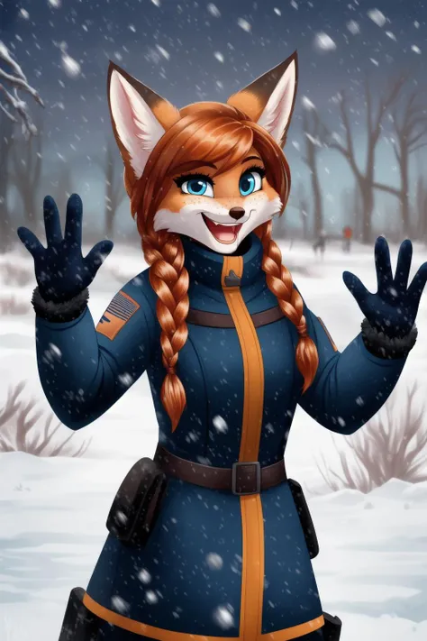 cheerful_excited_pose,
(blizzard:1.2), sleet, hail,
1girl, red_fox_girl, <lora:anna:0.7> anna, blue eyes, freckles, twin braids, orange hair, dressed in winter_tactical_gear,