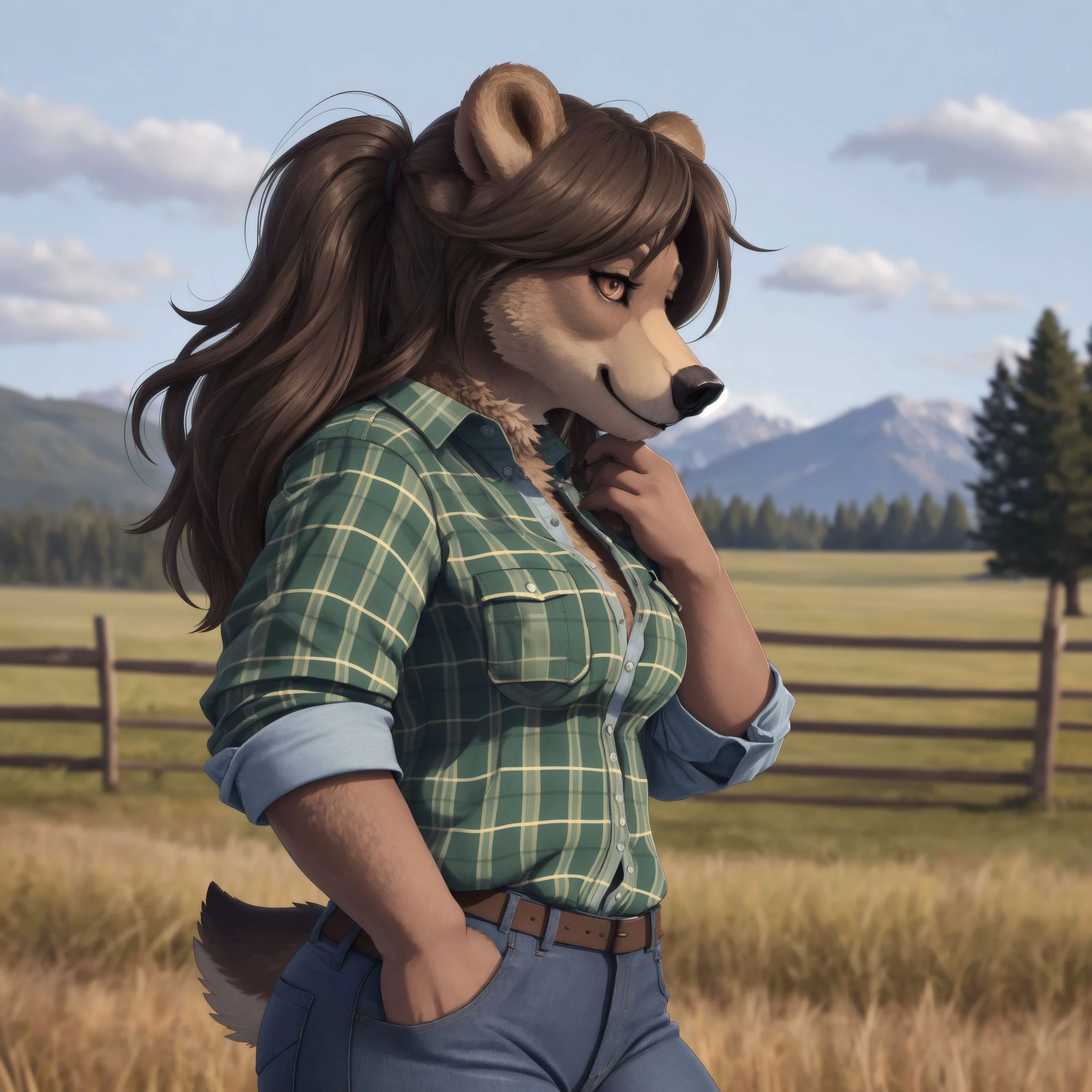 8k, HDR+, cute, adorable, attractive, female grizzly bear, anthro, jeans, flannel, profile pic, recently signed up for "farmersonly.com"