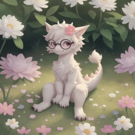 solo, super cute, ridiculously cute, adorable, smol fluffy dragon sitting on grass surrounded by flowers, ð¤