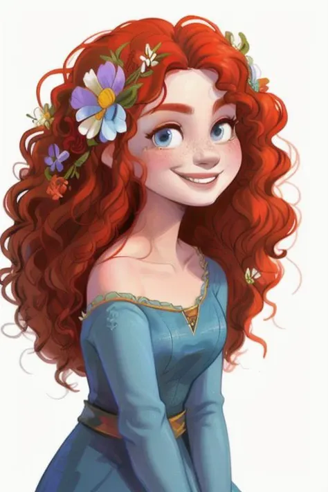 <lora:MeridaBrave_character:0.8>, 1girl, blue dress, dress, flower, hair flower, meridawaifu, red hair, smile, solo, upper body, wavy hair, white background