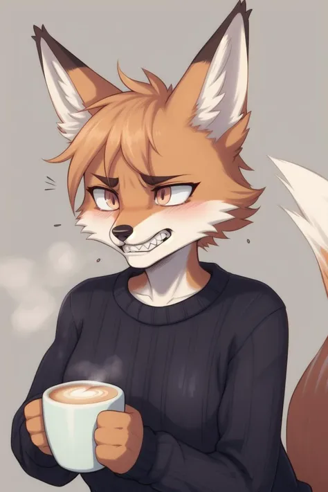 1girl, fox_girl, fixed_grin, gritted teeth, eyes_staring_into_the_middle_distance, sweater, latte, twitching, tired_eyes, holding_back_anger, urge_to_kill_rising,