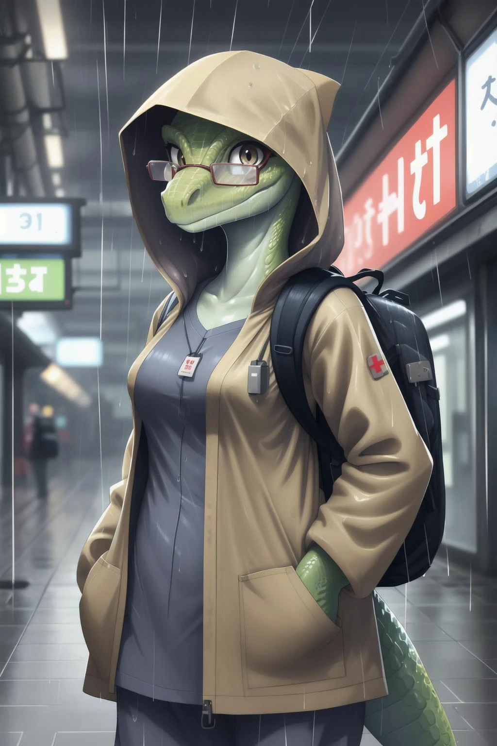 perfect anatomy, bright eyes, (lizard:1.3), [female], solo, baggy yellow jacket, looking at viewer, train station, rain, (waterdrop:0.9), raining, (fog:0.5), detailed eyes, wet_scales, shiny, (snout:1.2), glasses, Japanese_signage, (backpack), [hood::14], pockets, nurse_(tag)