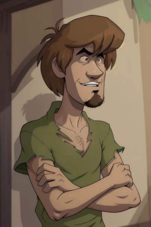 <lora:shaggy1:0.8>, 1boy, brown hair, facial hair, green shirt, male focus, shaggy rogers, solo, stubble, teeth, torn clothes, turtleneck, upper body