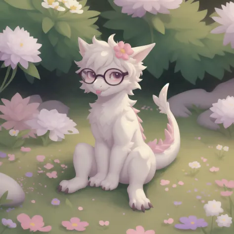 solo, super cute, ridiculously cute, adorable, smol fluffy dragon sitting on grass surrounded by flowers, ð¤, blep